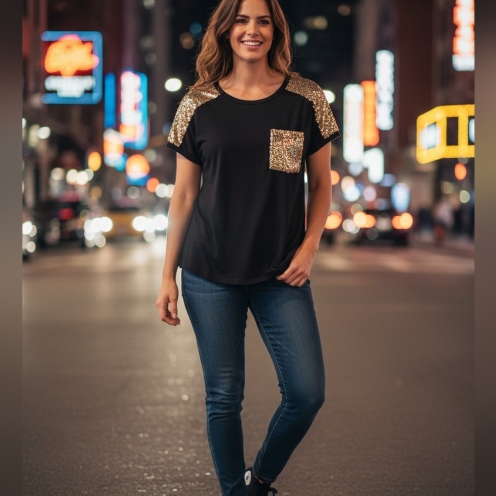 Sweaty Rocks - NWT Cap Sleeve Black Shirt W/ Gold Sequins On Shoulders & Pocket,